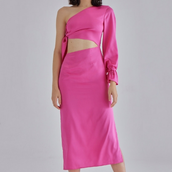 🆕 Silk Maison Pink Palace One-Shoulder Cutout Silk Midi Dress in Hot Pink - Picture 1 of 12